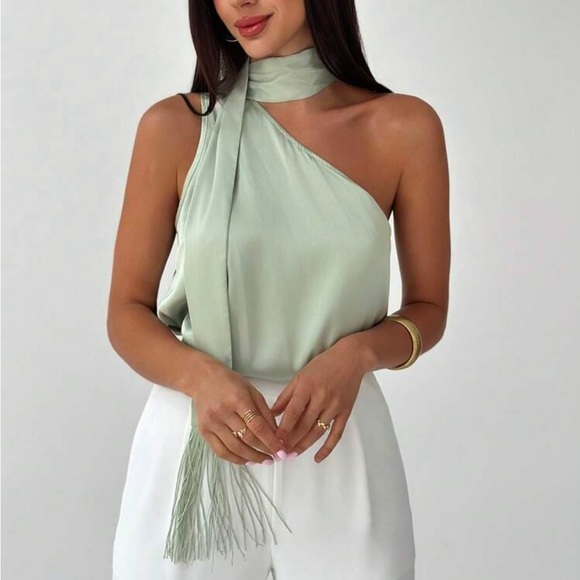 Elegant Sage Green One-Shoulder Top - Picture 2 of 6